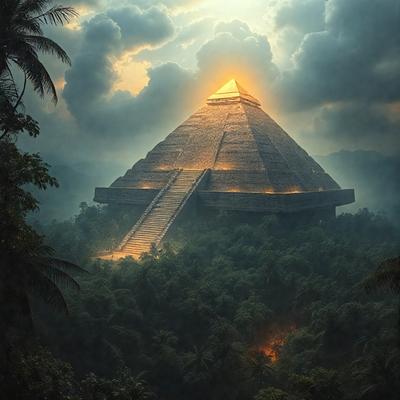 The primary subject of the image is a large, ancient-looking pyramid with a golden top. The setting is a lush, green forest, with the pyramid towering above the trees. The visual style is a combination of photo and digital art, creating a realistic yet artistic representation of the scene. The dominant colors are green from the forest and gold from the pyramid's top, giving the image a serene and mysterious atmosphere.